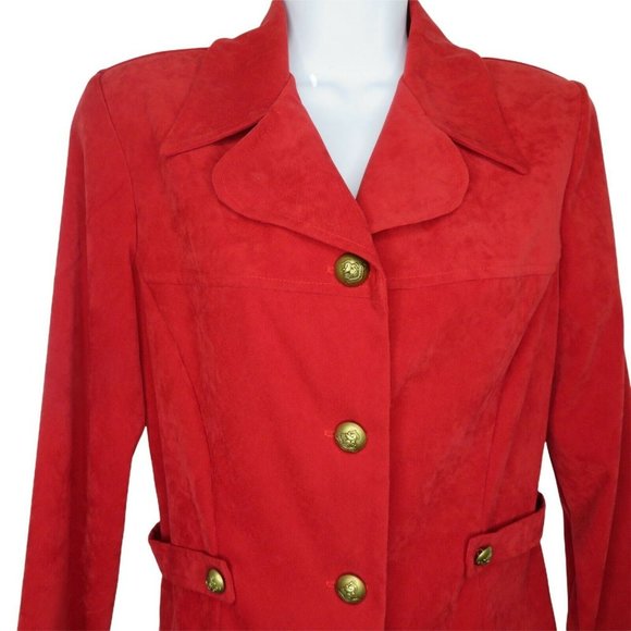 Vintage 80s Red Faux Suede Jacket Blazer M Button Waist Shoulder Pads USA Made - Picture 4 of 9